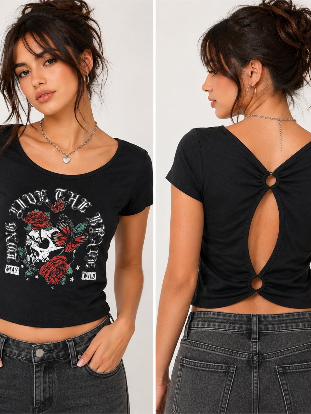 Forever 21 Gothic Y2K Skull Butterfly Rose Graphic Crop Top XL